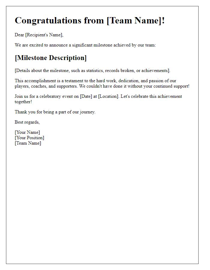 Letter template of sports team milestone notifications