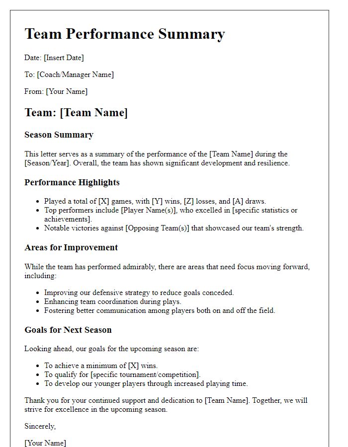 Letter template of sports team performance summaries