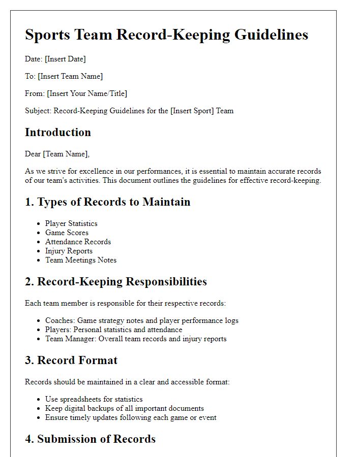 Letter template of sports team record-keeping guidelines