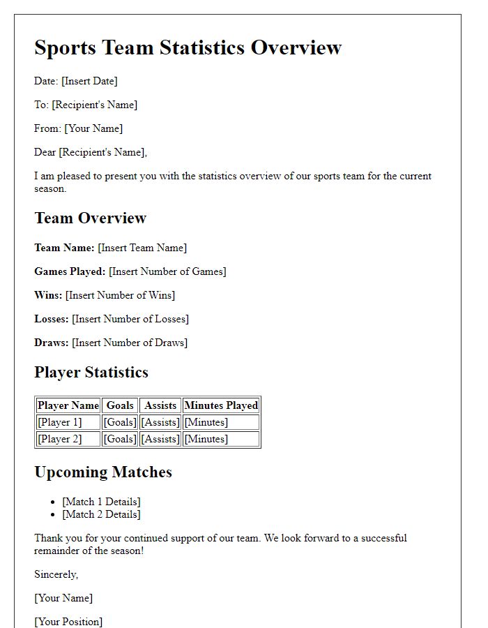 Letter template of sports team statistics overview