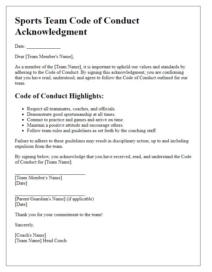 Letter template of sports team code of conduct acknowledgment