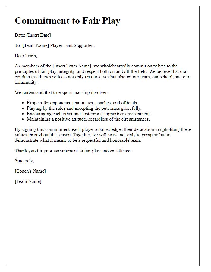 Letter template of sports team commitment to fair play