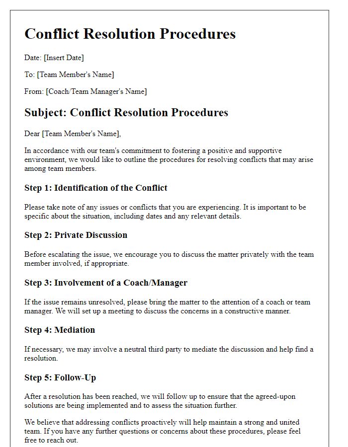 Letter template of sports team conflict resolution procedures