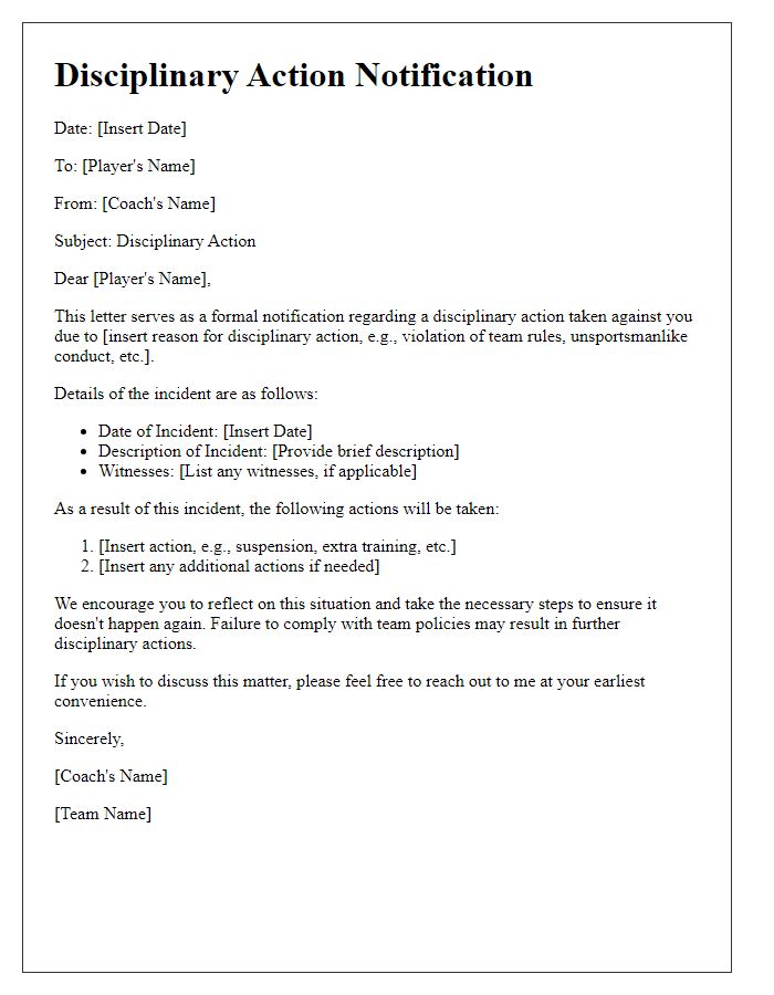 Letter template of sports team disciplinary actions