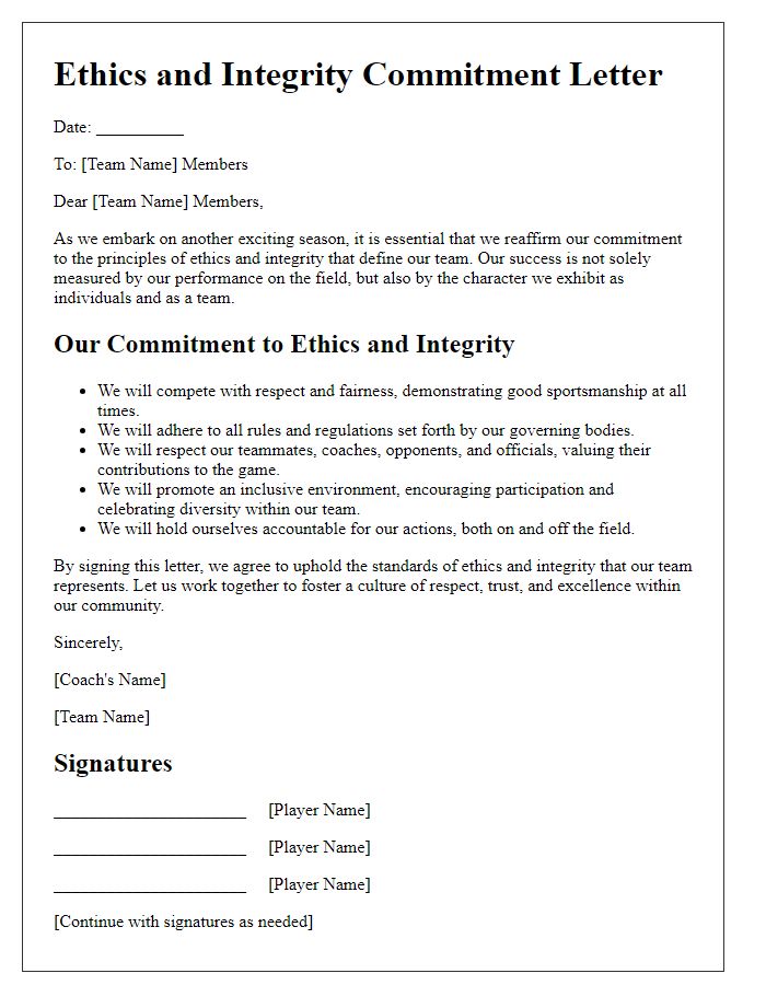 Letter template of sports team ethics and integrity commitment