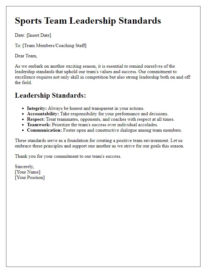 Letter template of sports team leadership standards