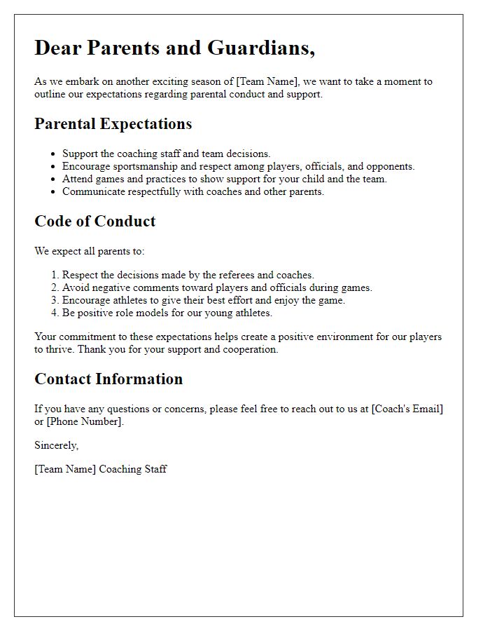 Letter template of sports team parental expectations and conduct