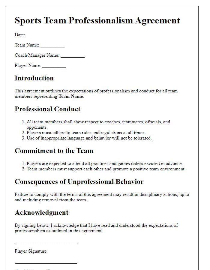 Letter template of sports team professionalism agreement