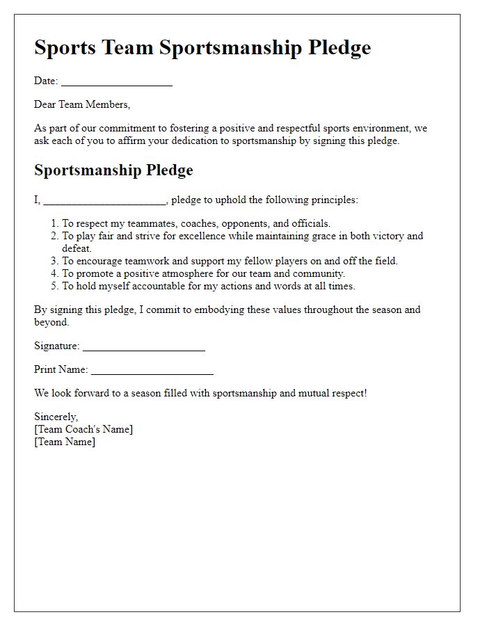 Letter template of sports team sportsmanship pledge