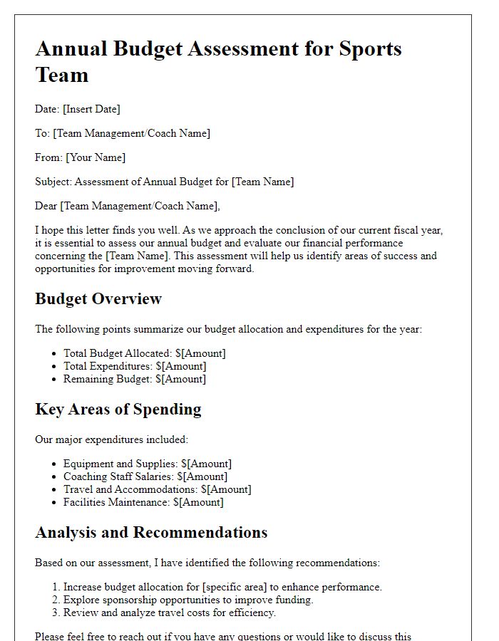 Letter template of annual budget assessment for sports team management.