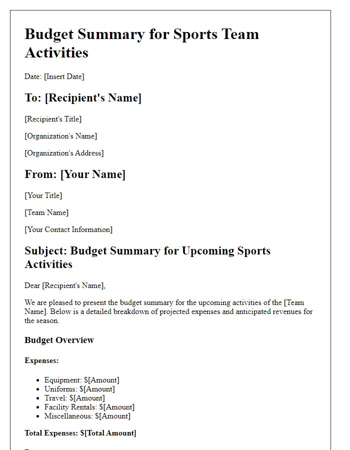 Letter template of budget summary for sports team activities.