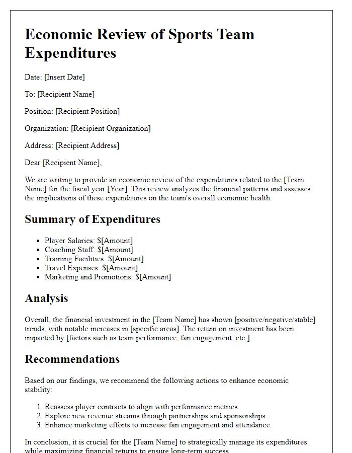 Letter template of economic review for sports team expenditures.