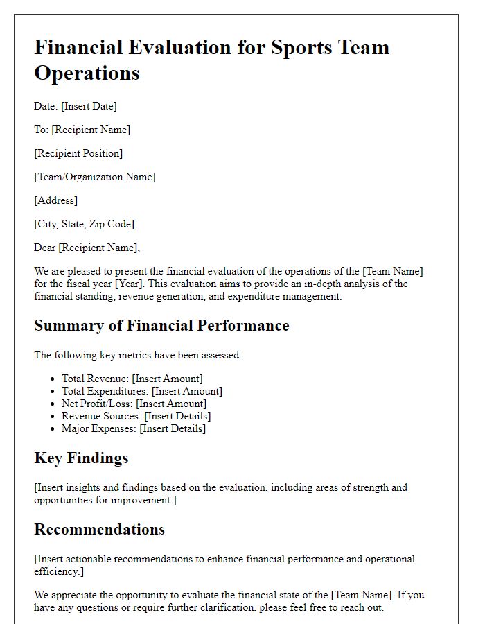 Letter template of financial evaluation for sports team operations.