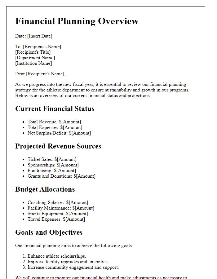 Letter template of financial planning overview for athletic department.