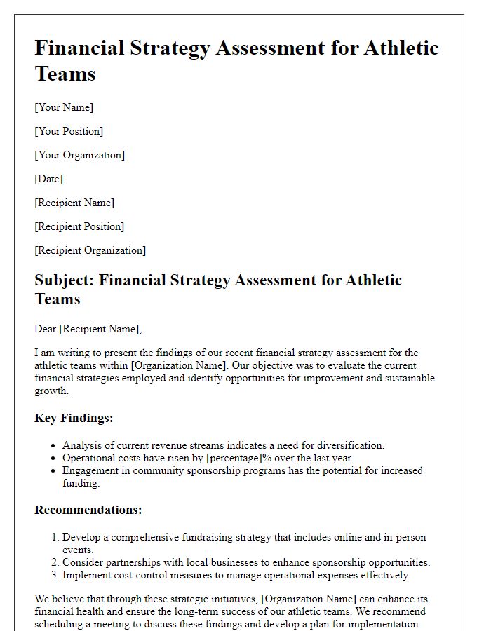 Letter template of financial strategy assessment for athletic teams.