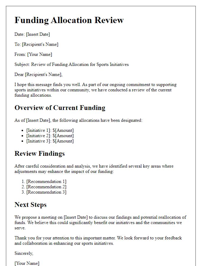 Letter template of funding allocation review for sports initiatives.