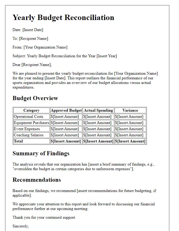 Letter template of yearly budget reconciliation for sports organization.