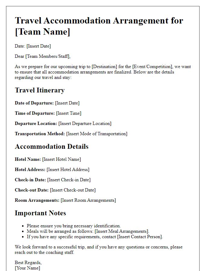 Letter template of sports team travel accommodation arrangements