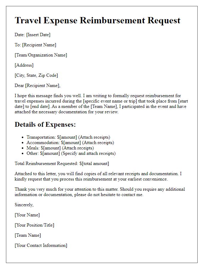 Letter template of sports team travel expense reimbursement request