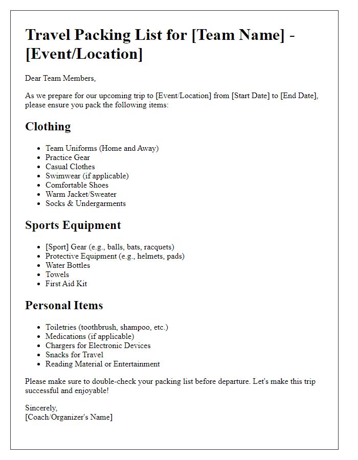 Letter template of sports team travel packing list