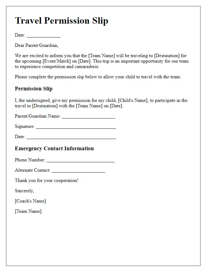 Letter template of sports team travel permission slip