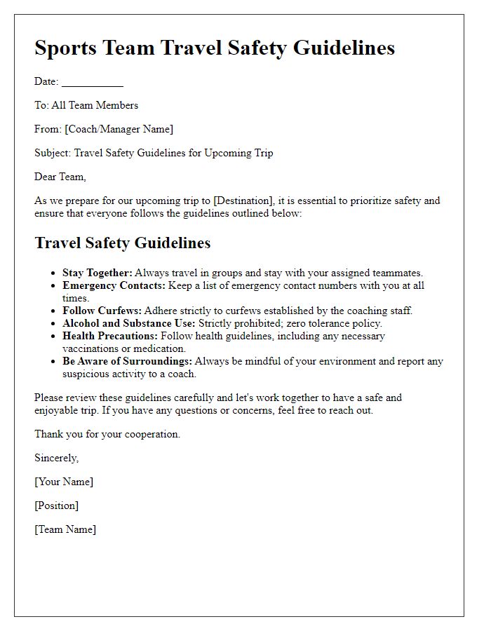 Letter template of sports team travel safety guidelines