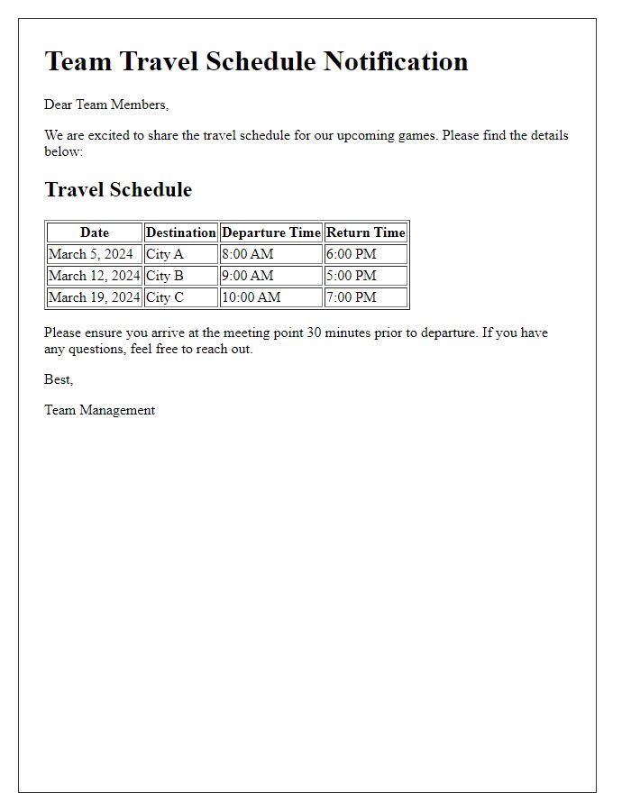 Letter template of sports team travel schedule distribution