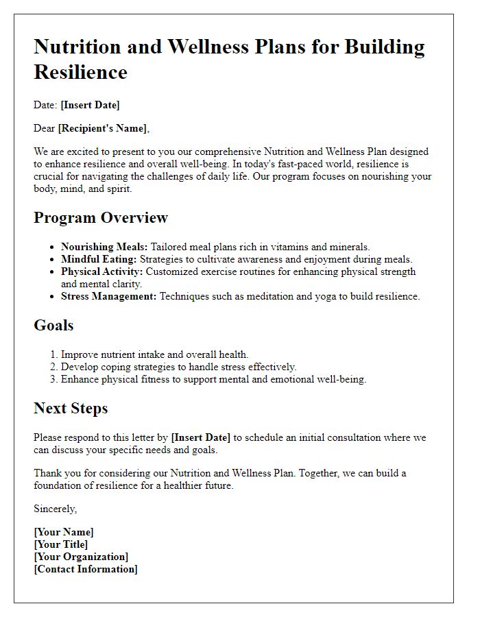 Letter template of nutrition and wellness plans for building resilience