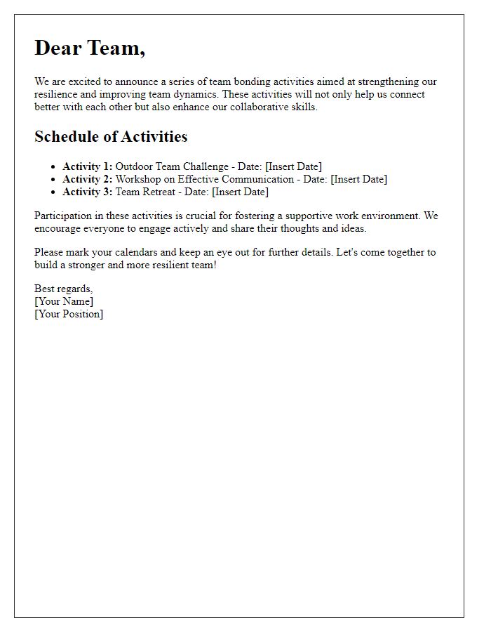 Letter template of team bonding activities for strengthened resilience