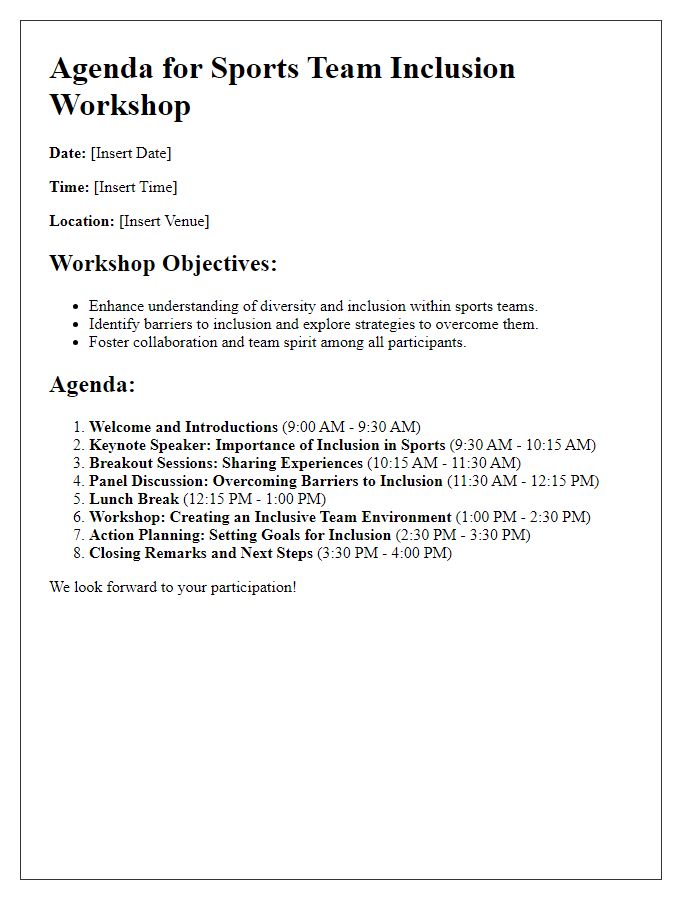 Letter template of agenda for sports team inclusion workshop