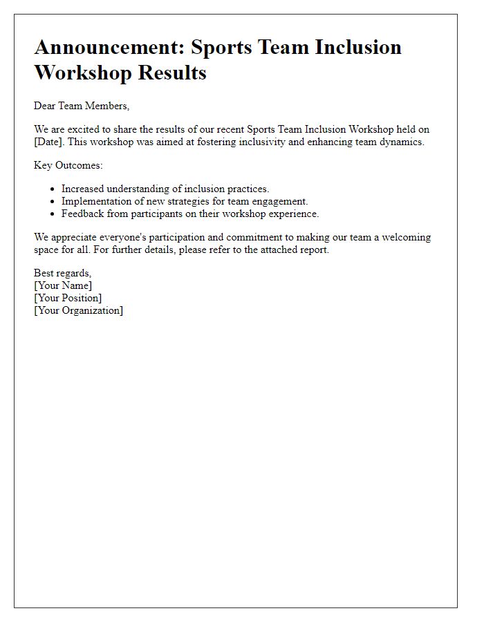 Letter template of announcement for sports team inclusion workshop results