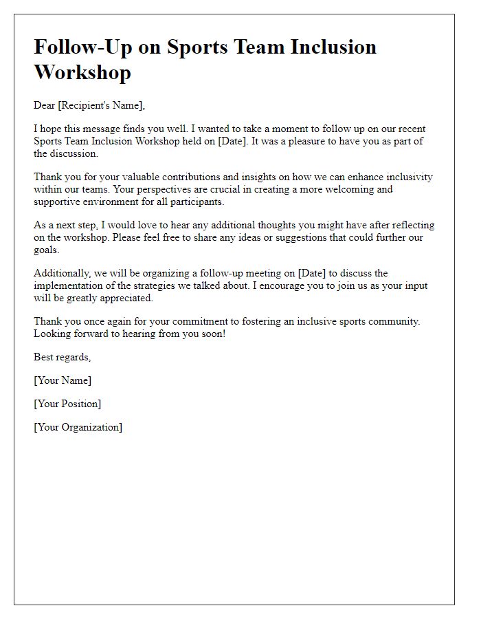 Letter template of follow-up communication post sports team inclusion workshop