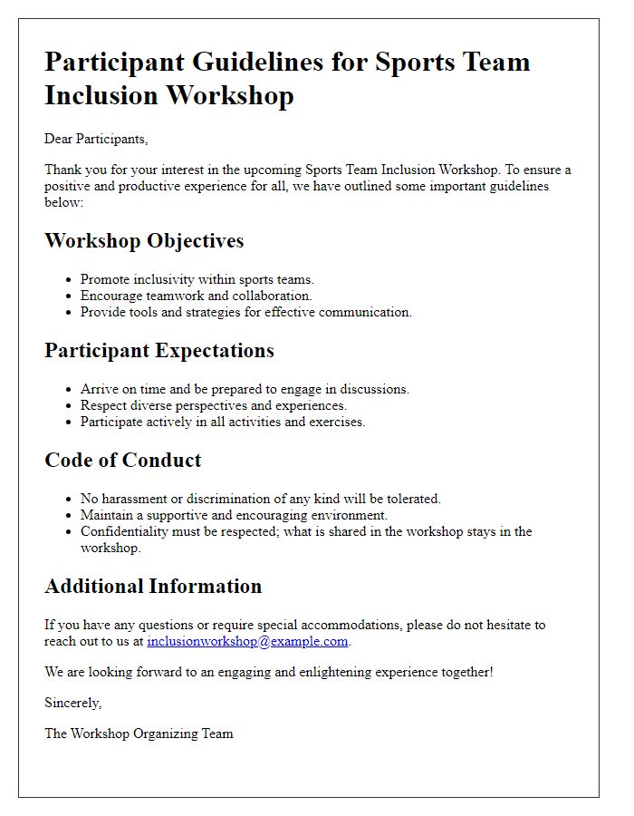 Letter template of participant guidelines for sports team inclusion workshop