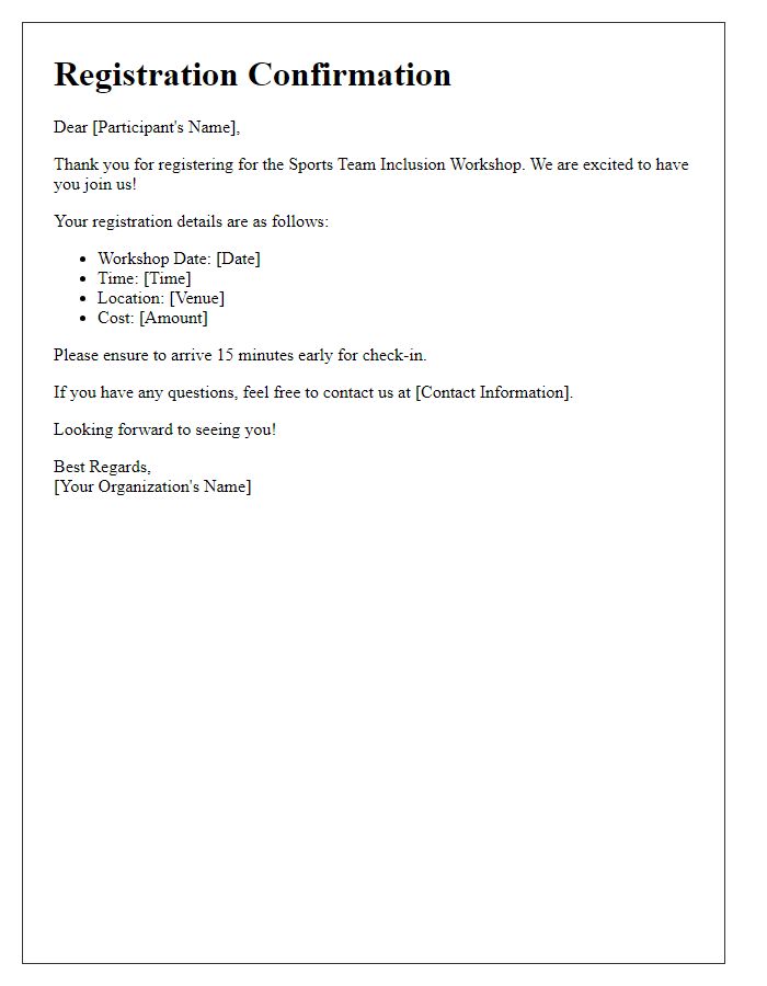 Letter template of registration confirmation for sports team inclusion workshop