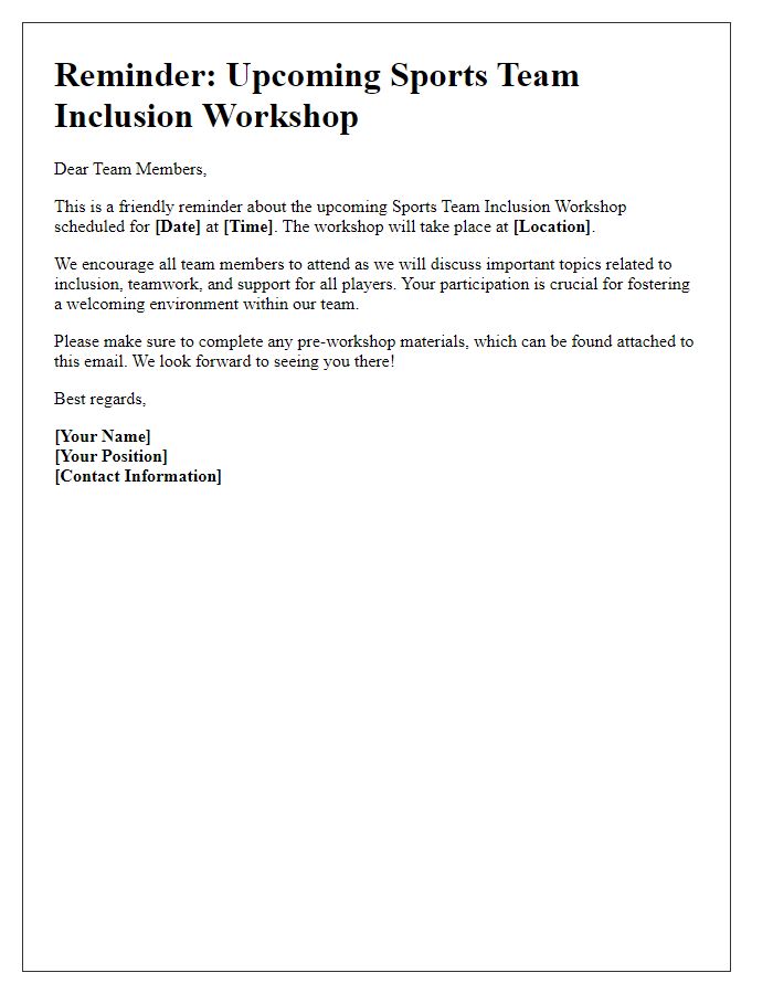 Letter template of reminder for upcoming sports team inclusion workshop