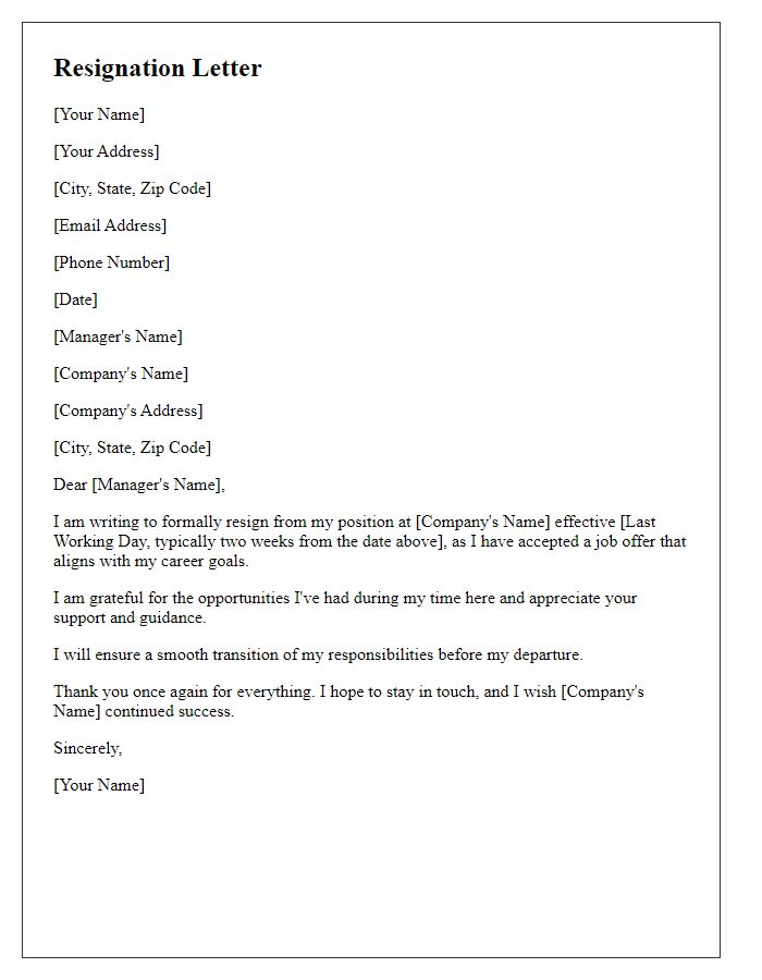 Letter template of resignation following a job offer acceptance.