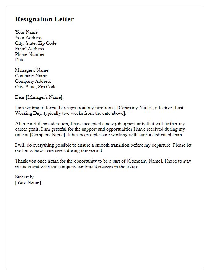 Letter template of resignation inspired by a new job placement.