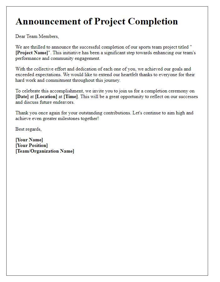 Letter template of sports team project completion announcement.