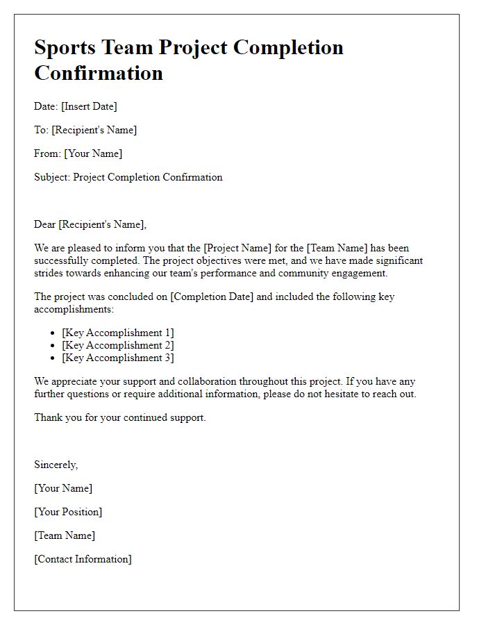 Letter template of sports team project completion confirmation.