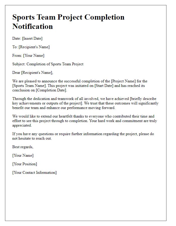 Letter template of sports team project completion notification.