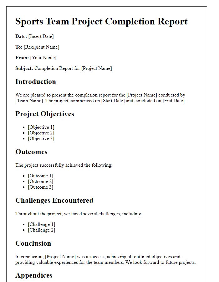 Letter template of sports team project completion report.