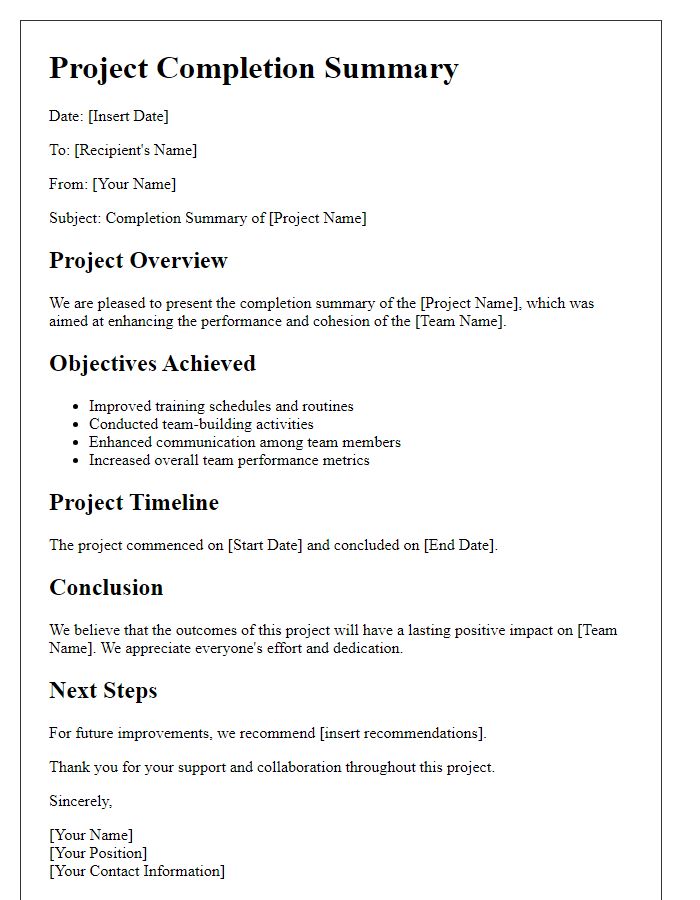 Letter template of sports team project completion summary.