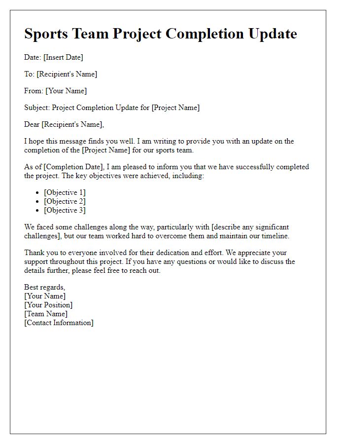 Letter template of sports team project completion update.