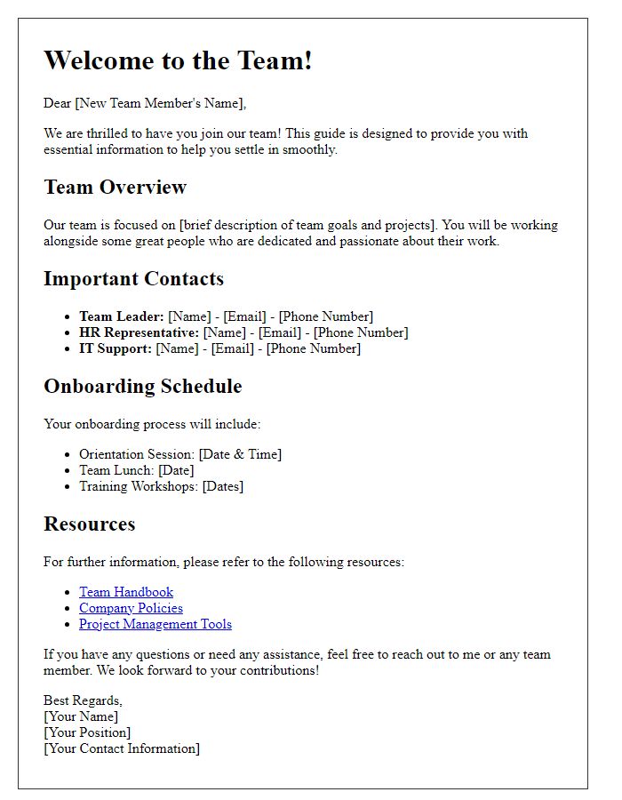 Letter template of information guide for new team participants