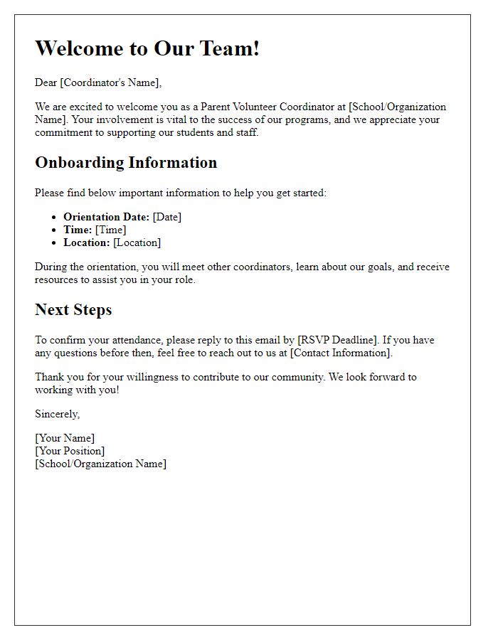 Letter template of onboarding for parent volunteer coordinators