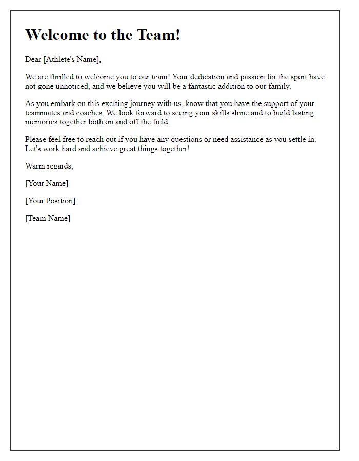 Letter template of warm greetings for athletes joining the team