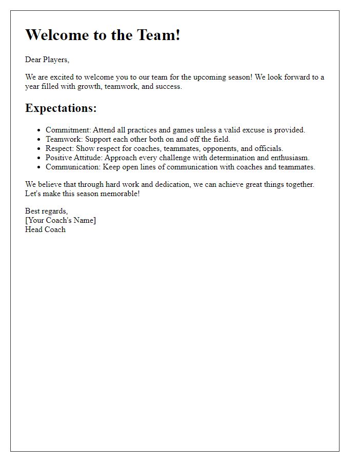 Letter template of welcome and expectations for sports players