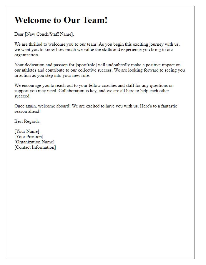 Letter template of welcome message for new coaches and staff