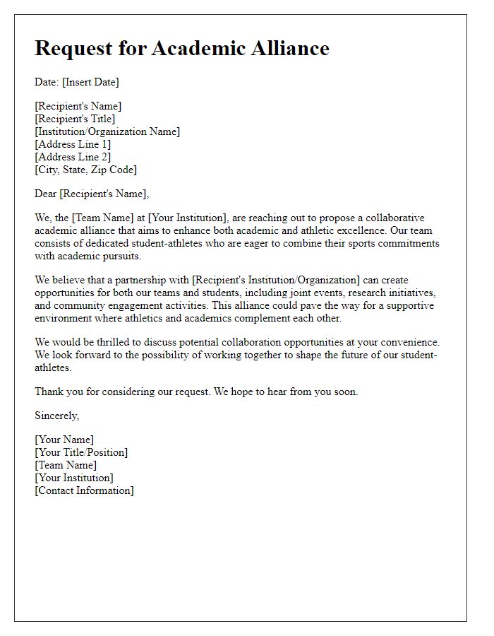 Letter template of sports team academic alliance request