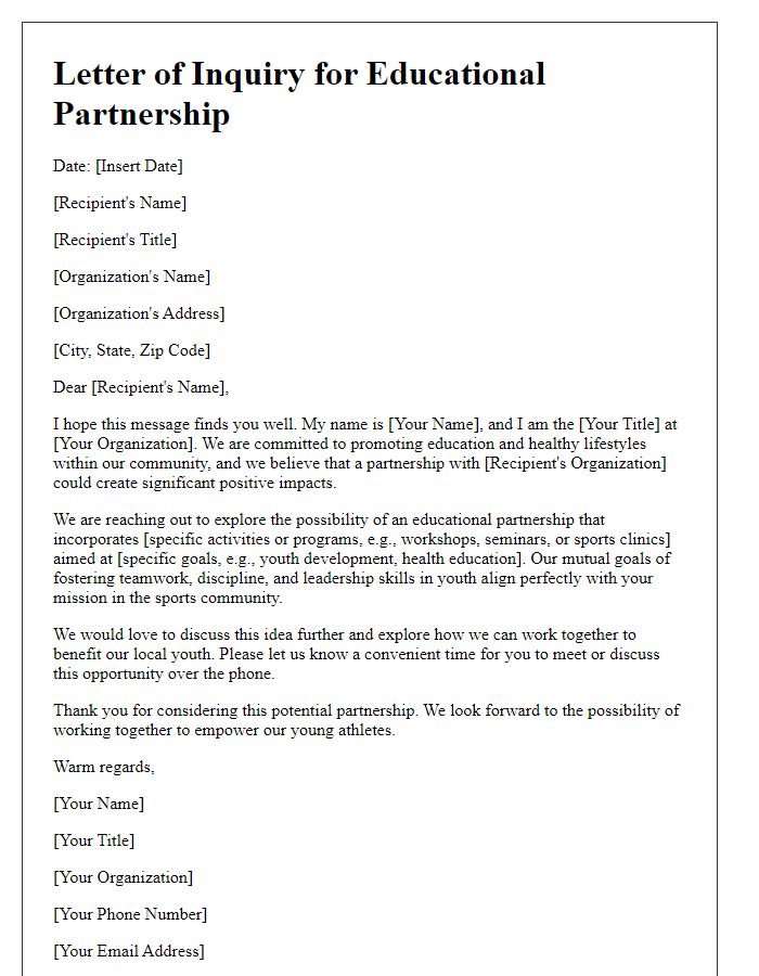 Letter template of sports team educational partnership inquiry